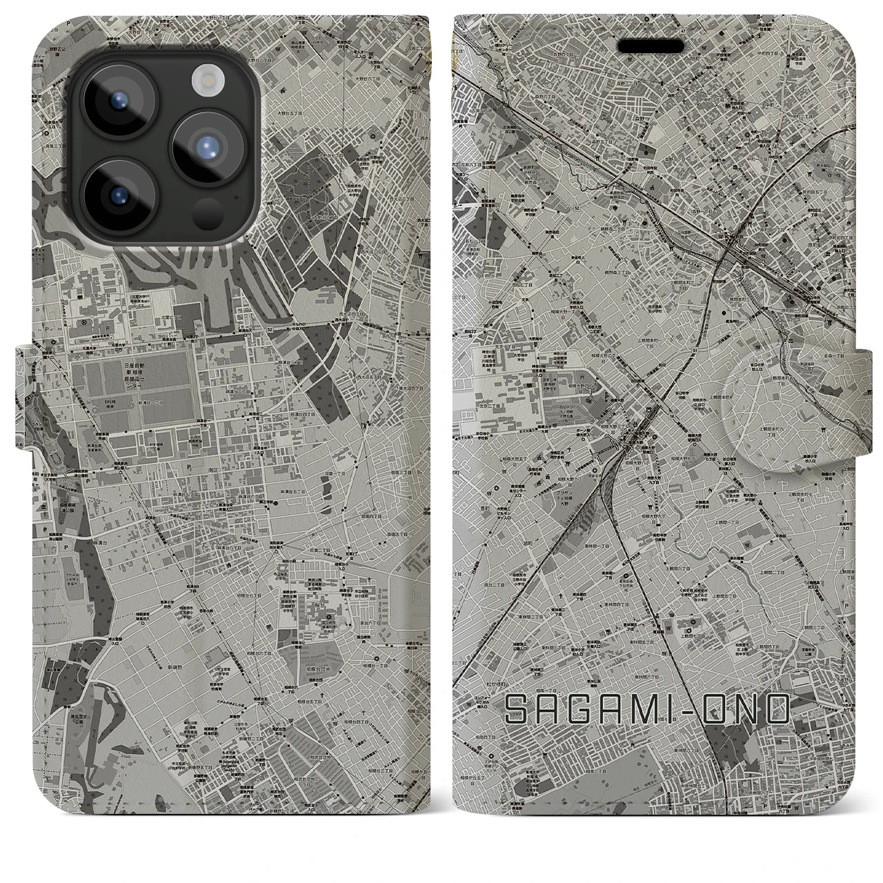 【相模大野(神奈川県)】地図柄iPhoneケース(手帳タイプ)モノトーン・iPhone 15 Pro Max 用