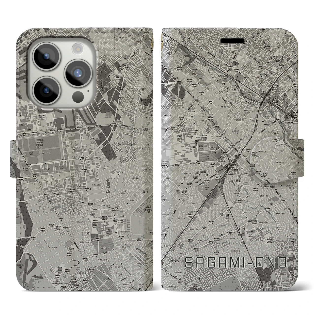 【相模大野(神奈川県)】地図柄iPhoneケース(手帳タイプ)モノトーン・iPhone 15 Pro 用