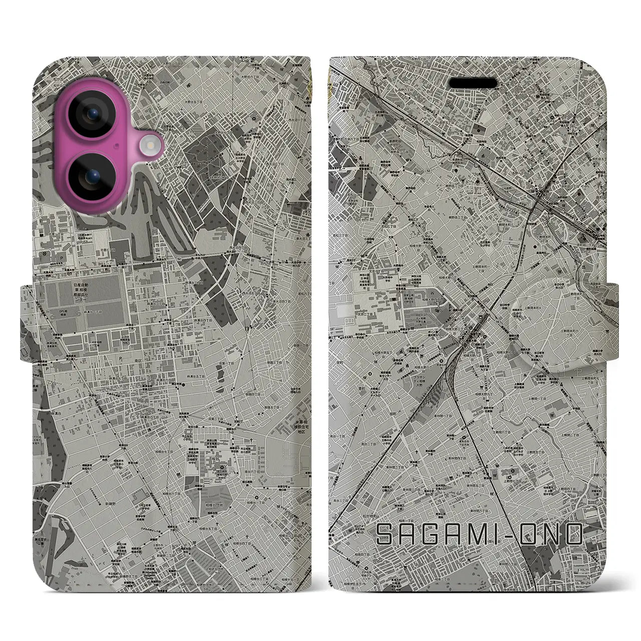 【相模大野(神奈川県)】地図柄iPhoneケース(手帳タイプ)モノトーン・iPhone 16 Pro 用