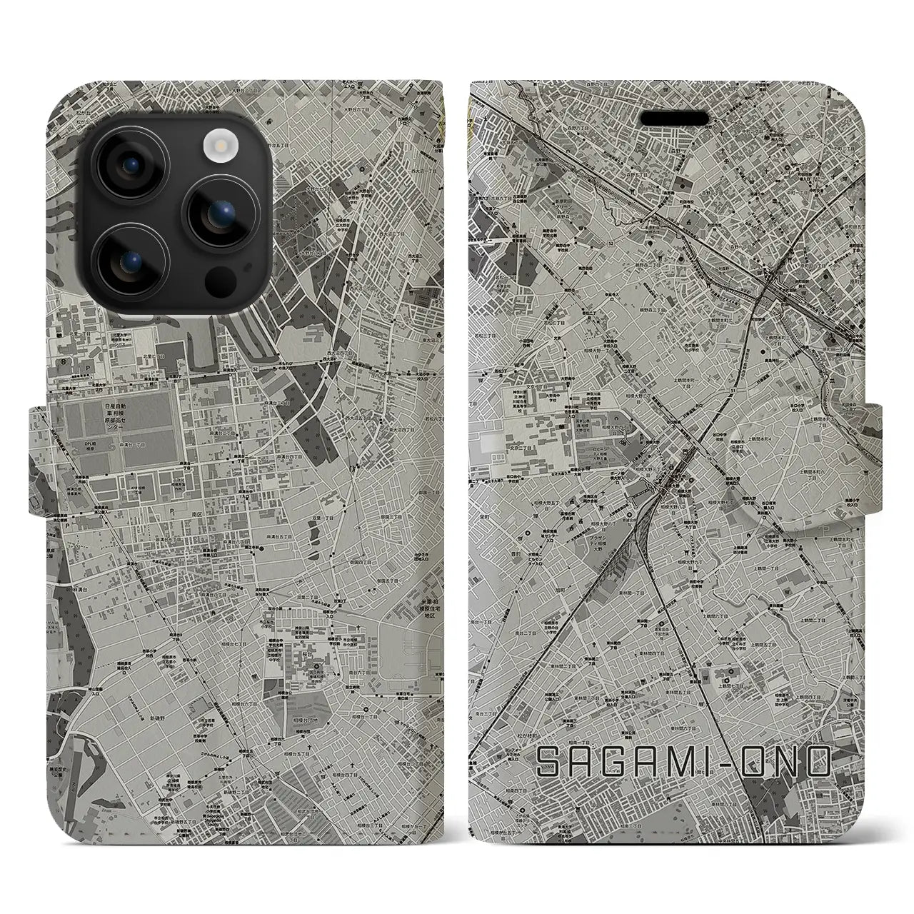 【相模大野(神奈川県)】地図柄iPhoneケース(手帳タイプ)モノトーン・iPhone 16 用