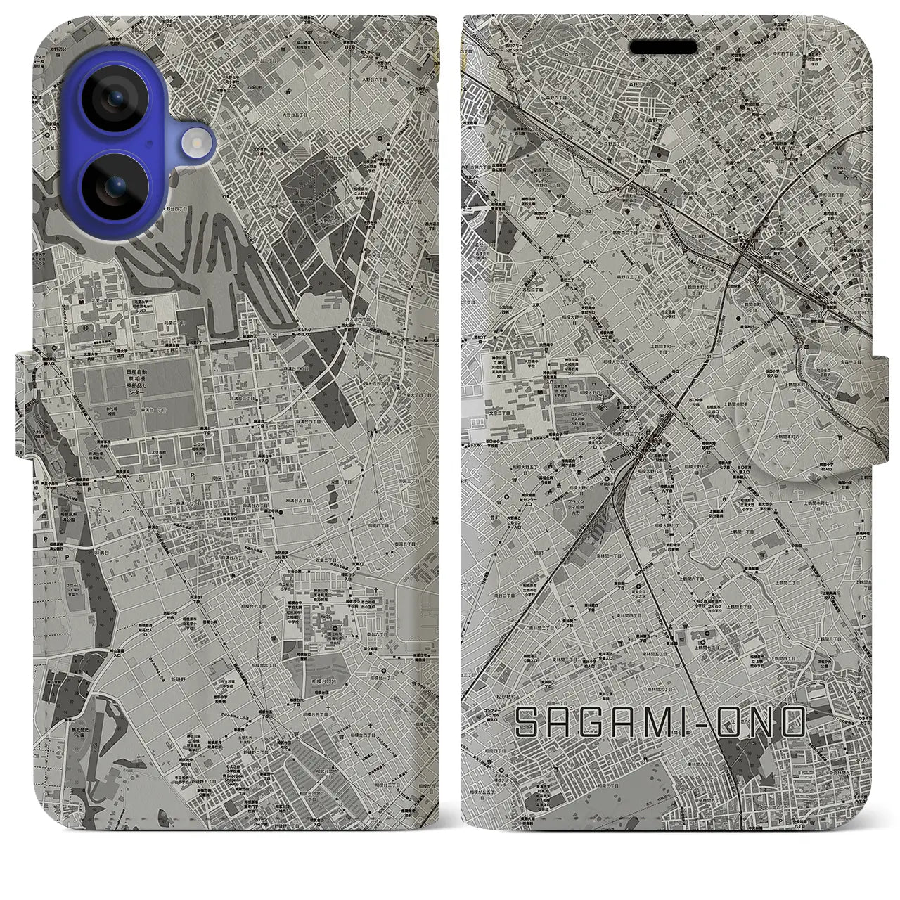 【相模大野(神奈川県)】地図柄iPhoneケース(手帳タイプ)モノトーン・iPhone 16 Pro Max 用