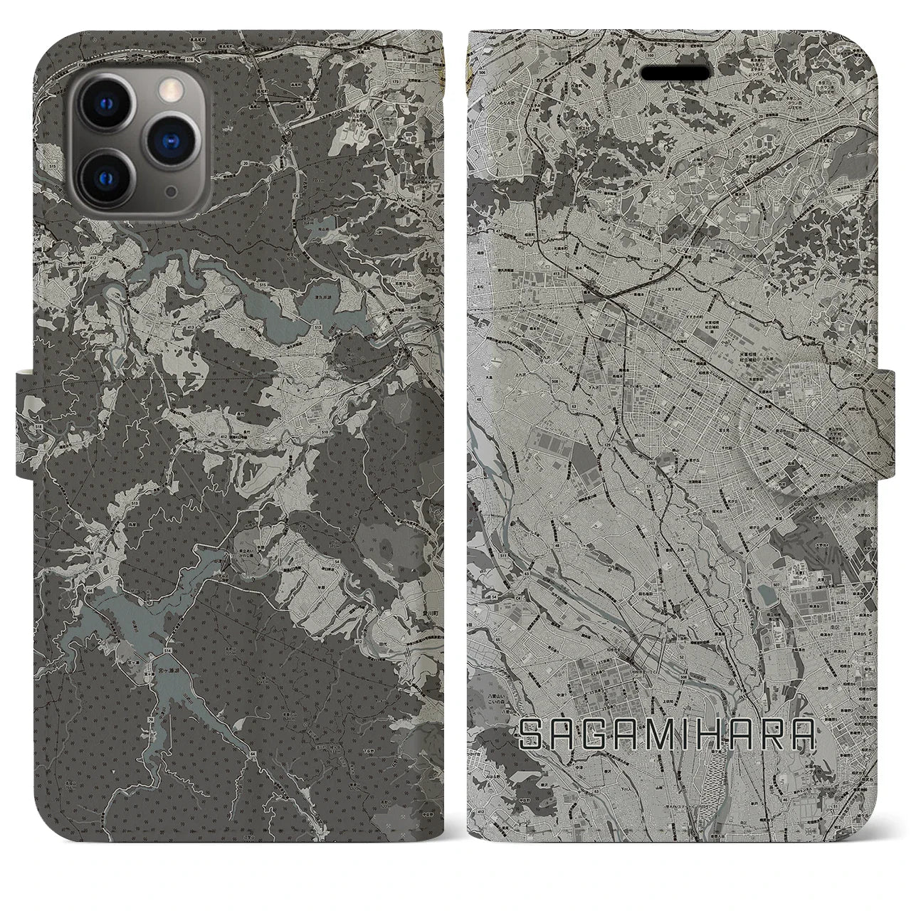 【相模原(神奈川県)】地図柄iPhoneケース(手帳タイプ)モノトーン・iPhone 11 Pro Max 用