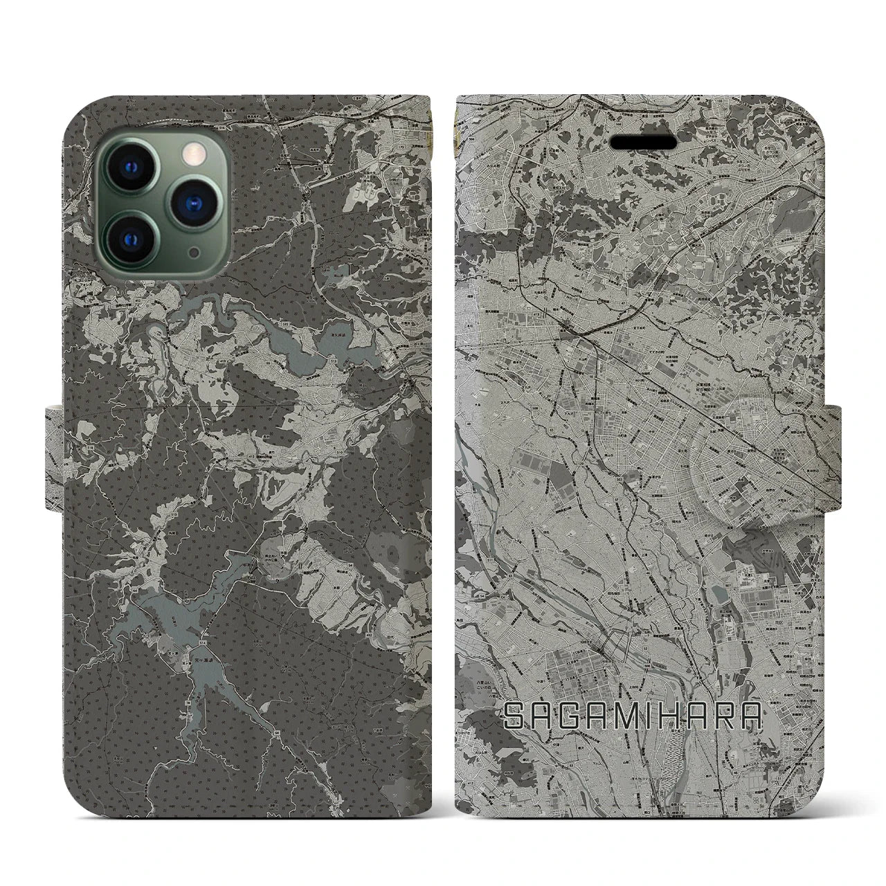 【相模原(神奈川県)】地図柄iPhoneケース(手帳タイプ)モノトーン・iPhone 11 Pro 用