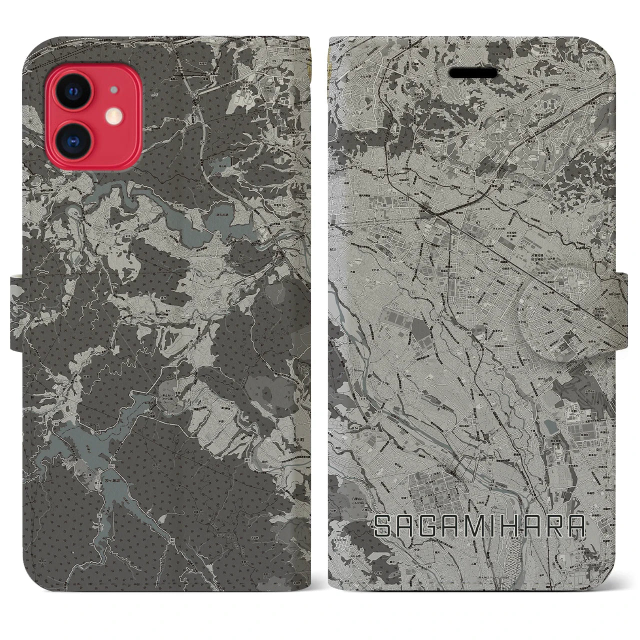 【相模原(神奈川県)】地図柄iPhoneケース(手帳タイプ)モノトーン・iPhone 11 用