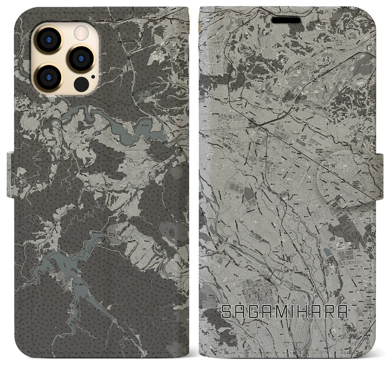 【相模原(神奈川県)】地図柄iPhoneケース(手帳タイプ)モノトーン・iPhone 12 Pro Max 用