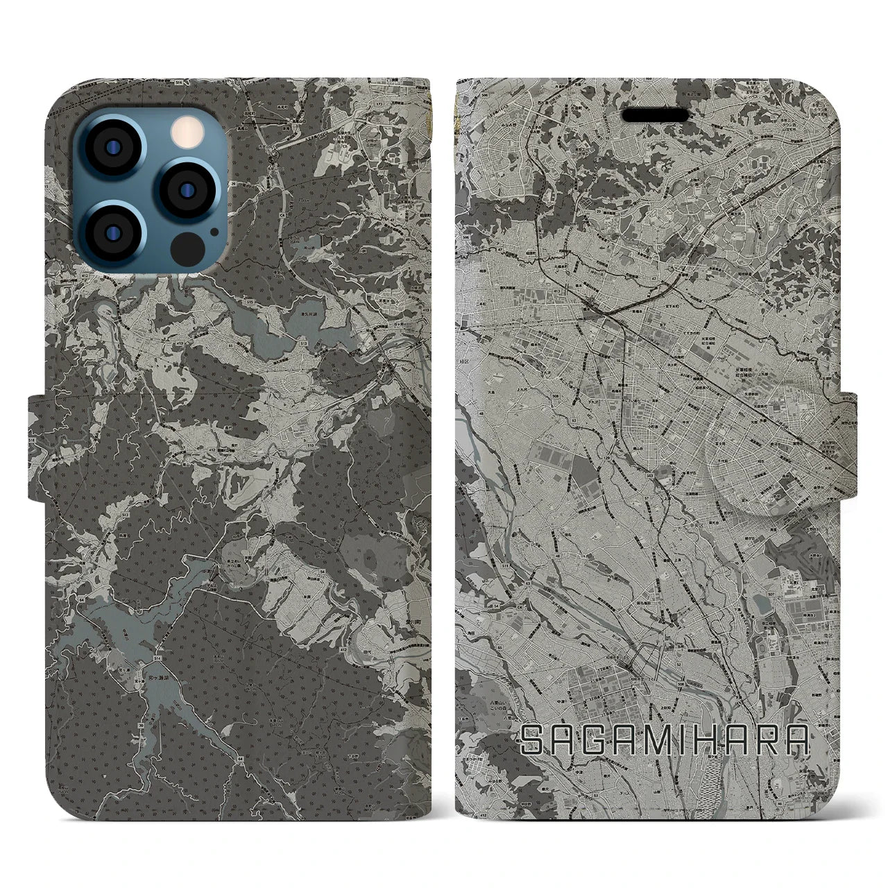 【相模原(神奈川県)】地図柄iPhoneケース(手帳タイプ)モノトーン・iPhone 12 / 12 Pro 用