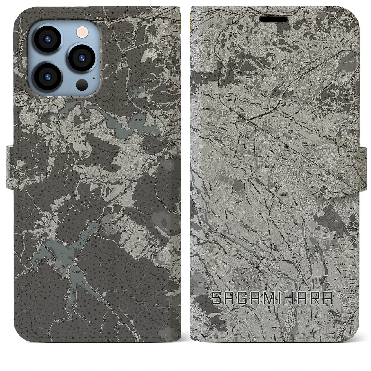 【相模原(神奈川県)】地図柄iPhoneケース(手帳タイプ)モノトーン・iPhone 13 Pro Max 用