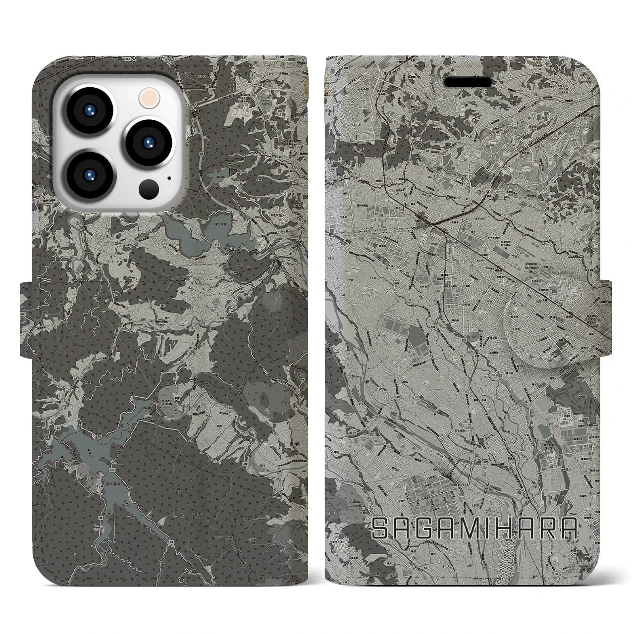 【相模原(神奈川県)】地図柄iPhoneケース(手帳タイプ)モノトーン・iPhone 13 Pro 用