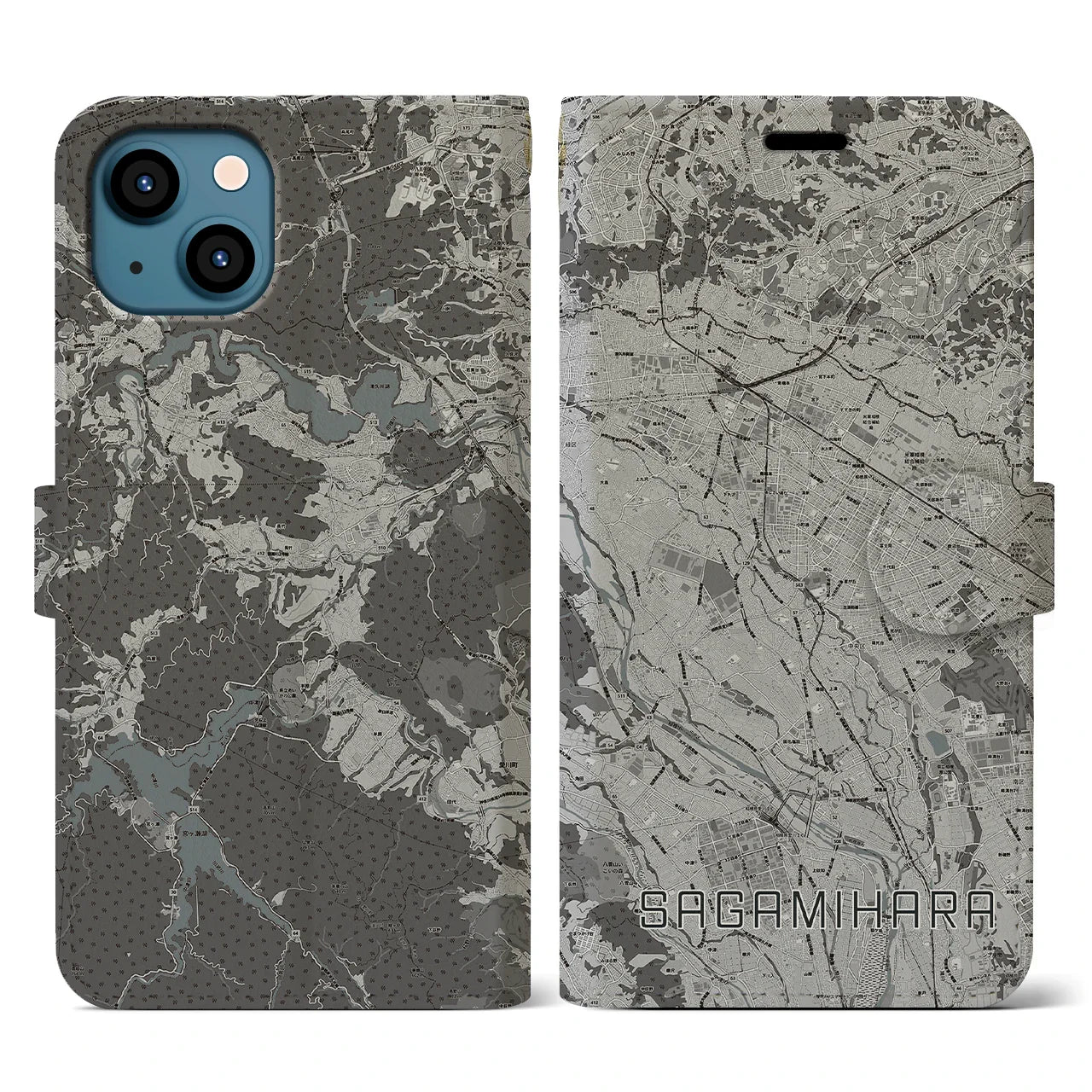 【相模原(神奈川県)】地図柄iPhoneケース(手帳タイプ)モノトーン・iPhone 13 用