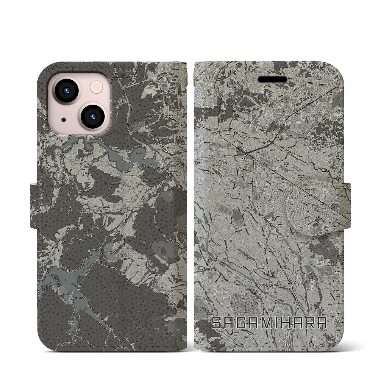 【相模原(神奈川県)】地図柄iPhoneケース(手帳タイプ)モノトーン・iPhone 13 mini 用