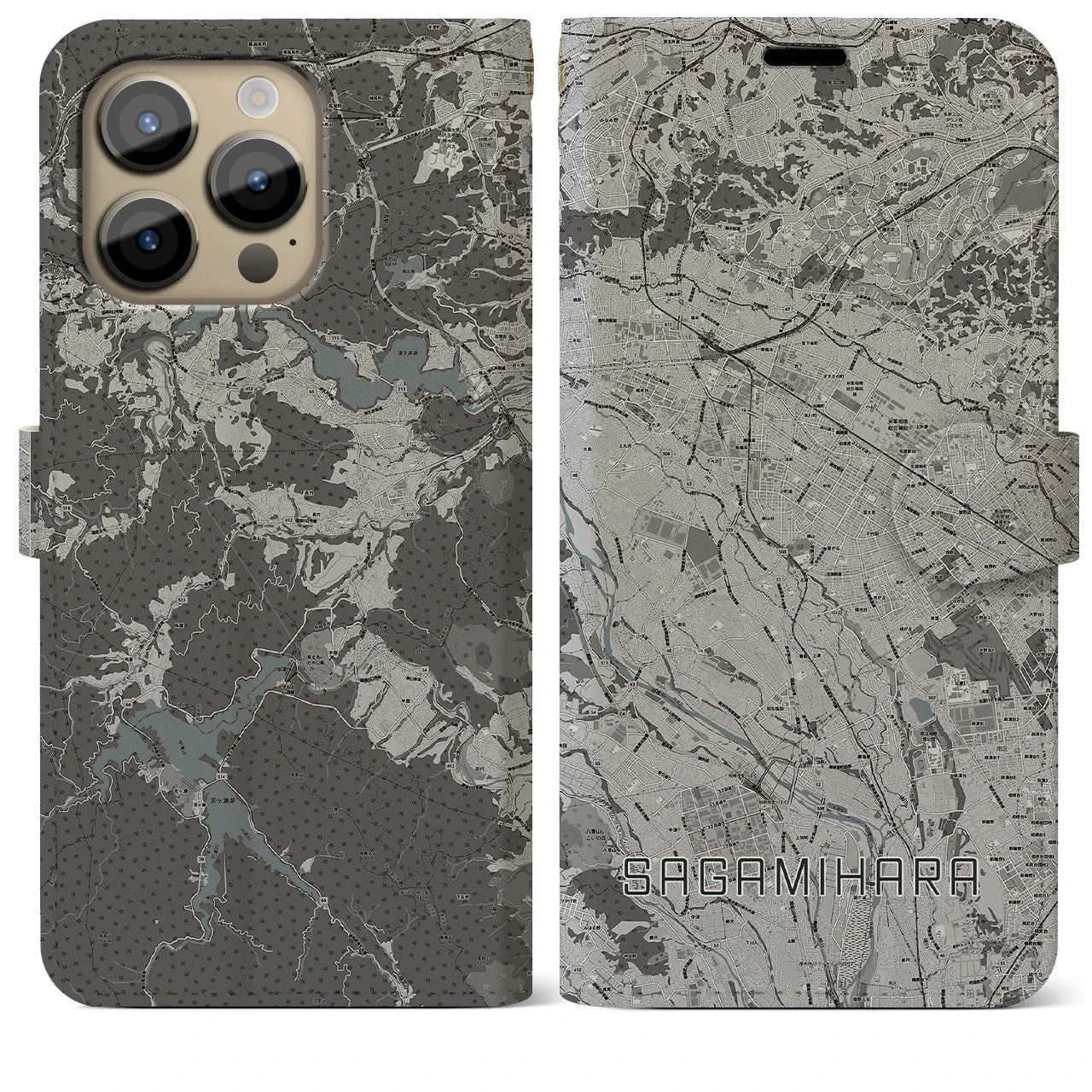 【相模原(神奈川県)】地図柄iPhoneケース(手帳タイプ)モノトーン・iPhone 14 Pro Max 用