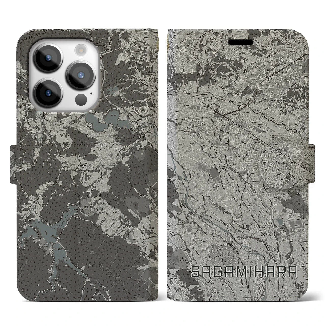 【相模原(神奈川県)】地図柄iPhoneケース(手帳タイプ)モノトーン・iPhone 14 Pro 用