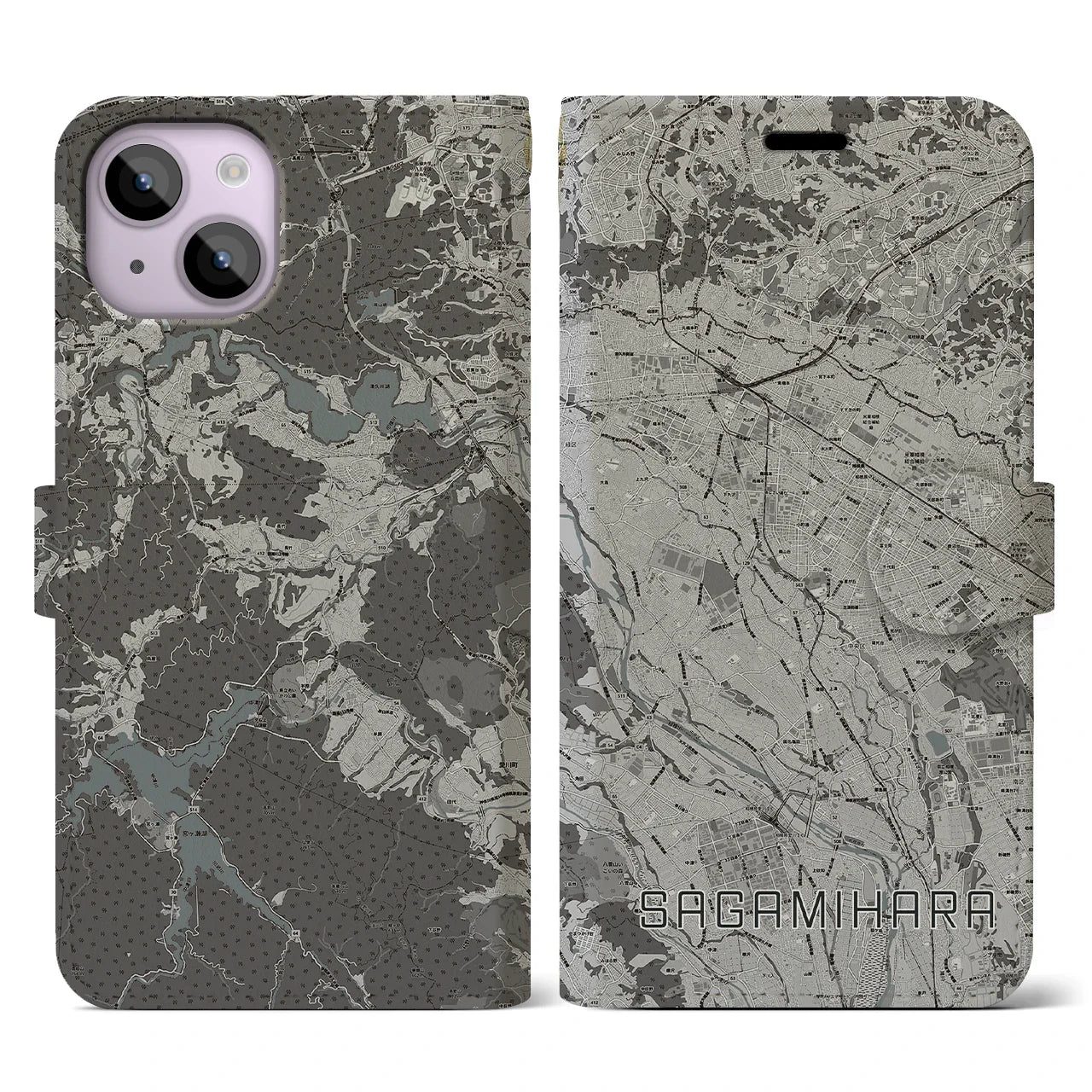 【相模原(神奈川県)】地図柄iPhoneケース(手帳タイプ)モノトーン・iPhone 14 用