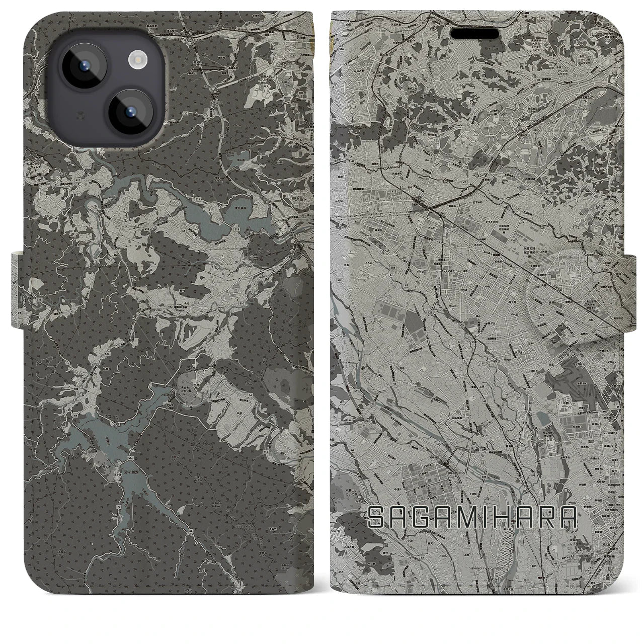 【相模原(神奈川県)】地図柄iPhoneケース(手帳タイプ)モノトーン・iPhone 14 Plus 用