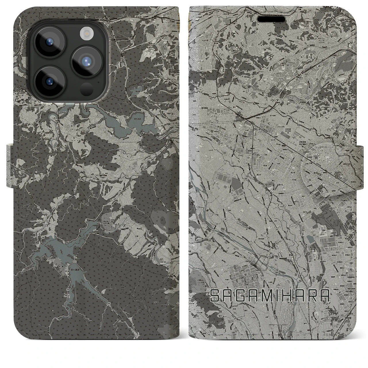 【相模原(神奈川県)】地図柄iPhoneケース(手帳タイプ)モノトーン・iPhone 15 Pro Max 用