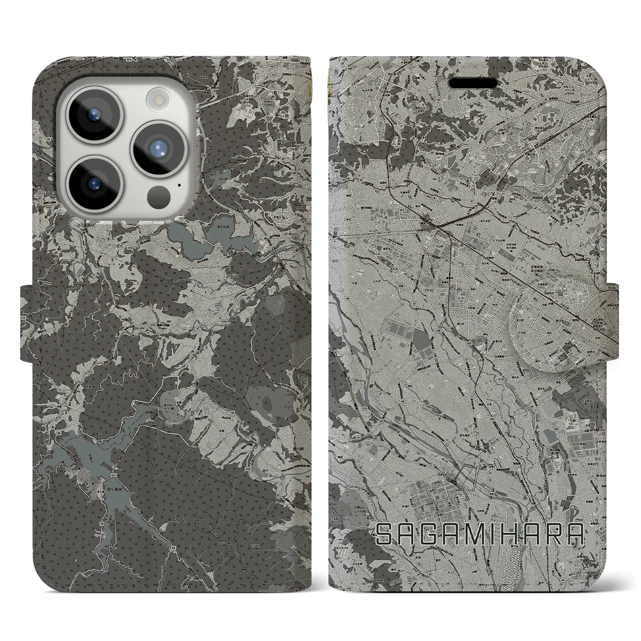 【相模原(神奈川県)】地図柄iPhoneケース(手帳タイプ)モノトーン・iPhone 15 Pro 用