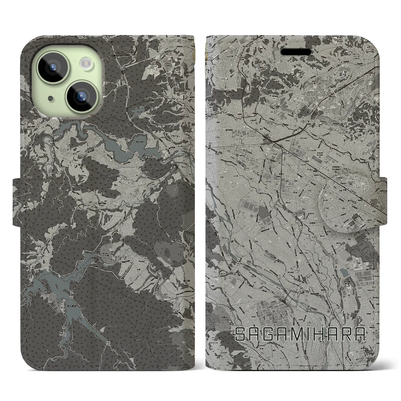 【相模原(神奈川県)】地図柄iPhoneケース(手帳タイプ)モノトーン・iPhone 15 用