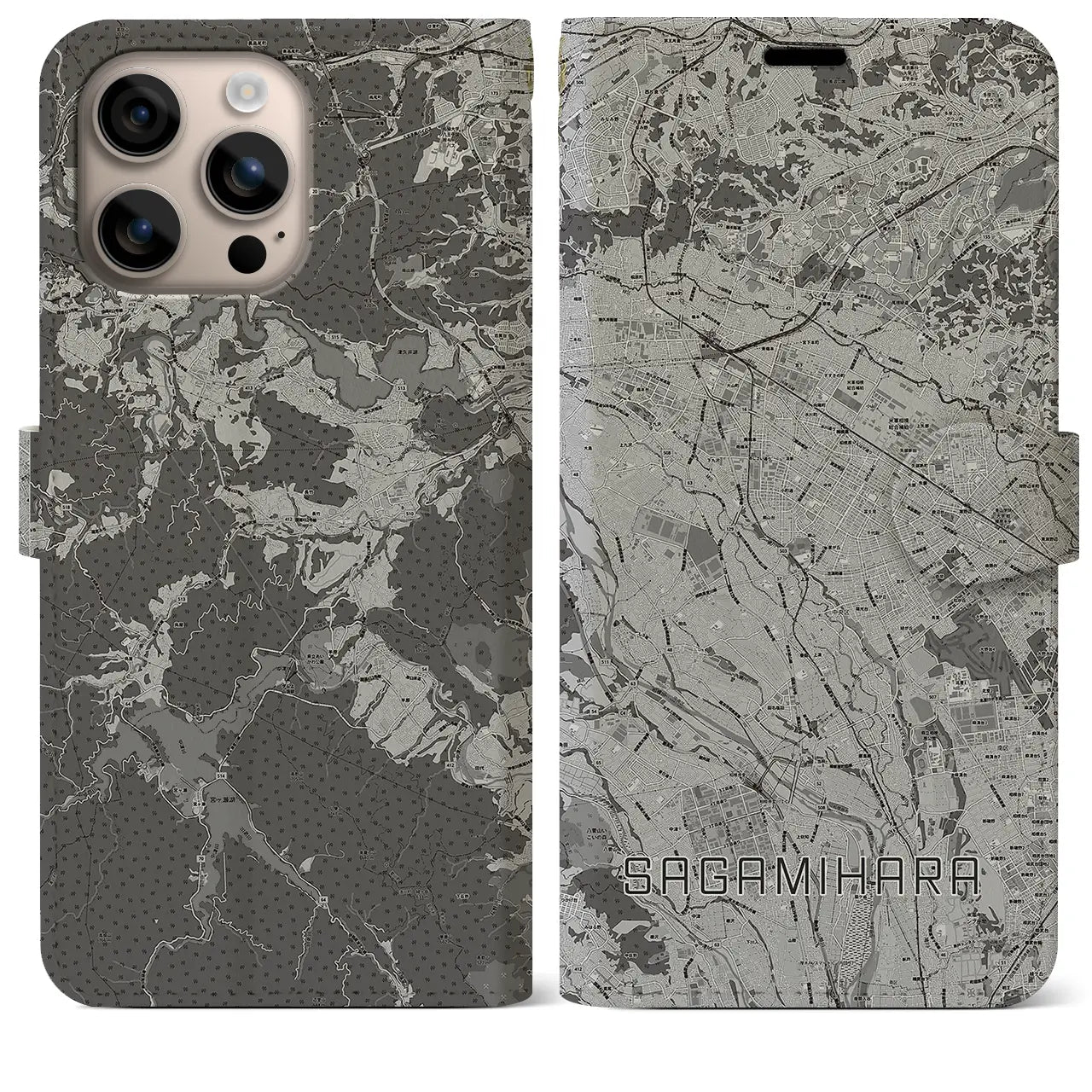 【相模原(神奈川県)】地図柄iPhoneケース(手帳タイプ)モノトーン・iPhone 16 Plus 用