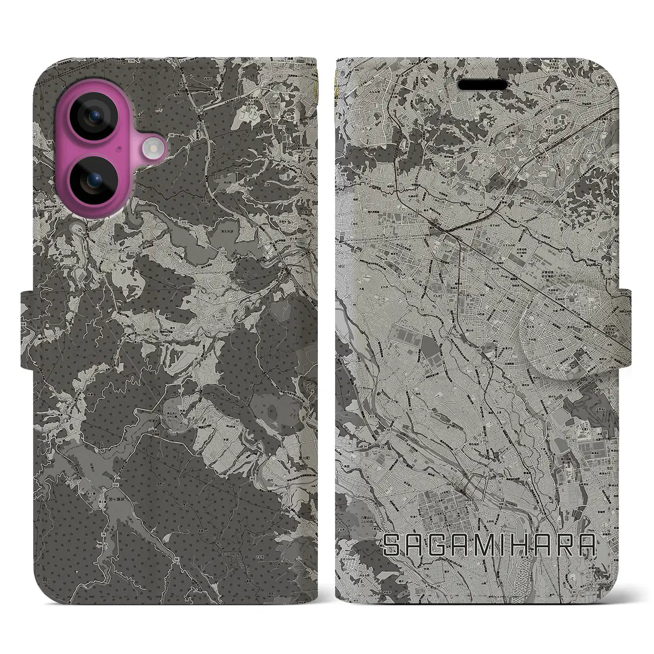 【相模原(神奈川県)】地図柄iPhoneケース(手帳タイプ)モノトーン・iPhone 16 Pro 用