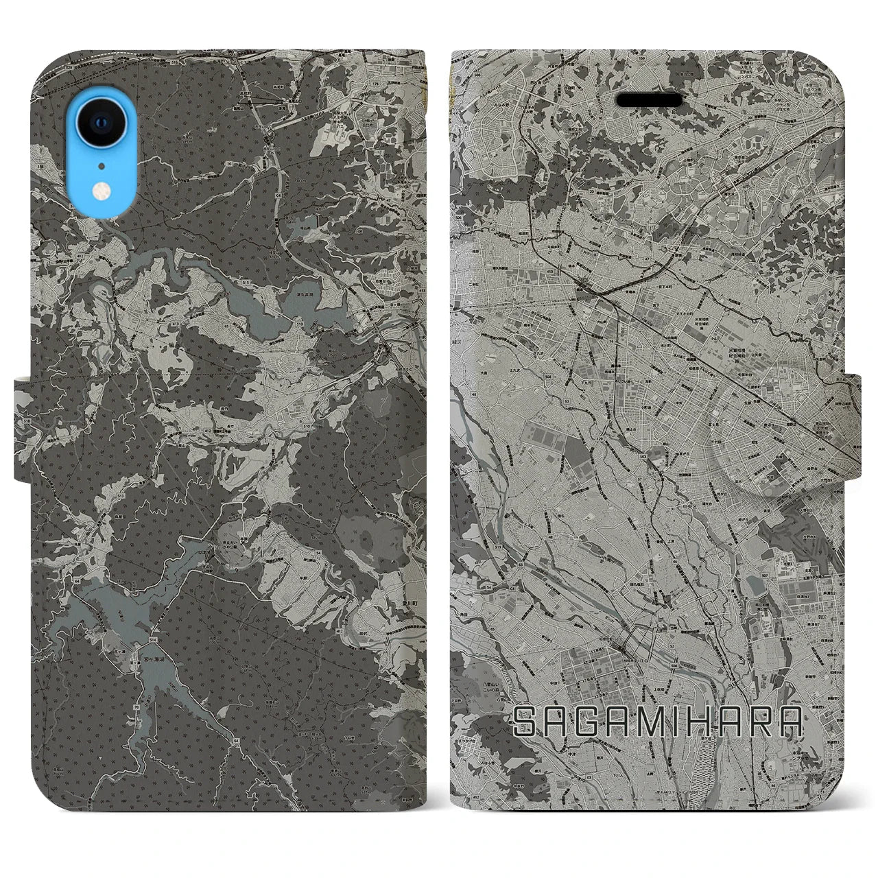 【相模原(神奈川県)】地図柄iPhoneケース(手帳タイプ)モノトーン・iPhone XR 用