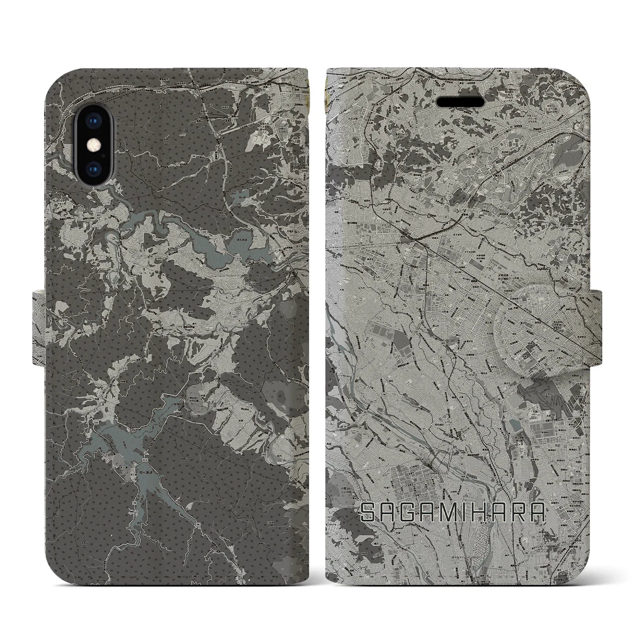 【相模原(神奈川県)】地図柄iPhoneケース(手帳タイプ)モノトーン・iPhone XS / X 用