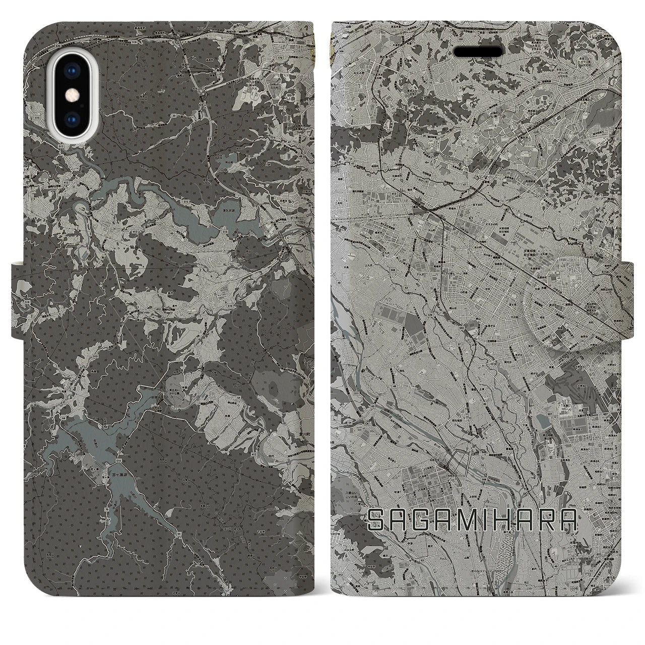 【相模原(神奈川県)】地図柄iPhoneケース(手帳タイプ)モノトーン・iPhone XS Max 用