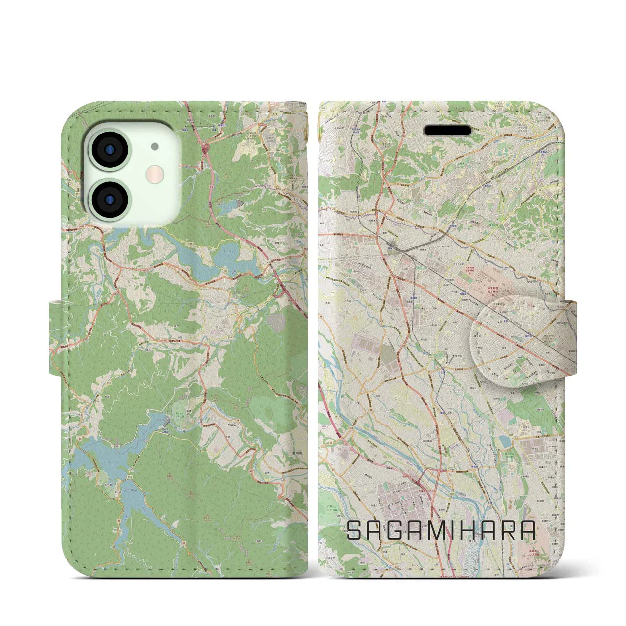 【相模原(神奈川県)】地図柄iPhoneケース(手帳タイプ)ナチュラル・iPhone 12 mini 用