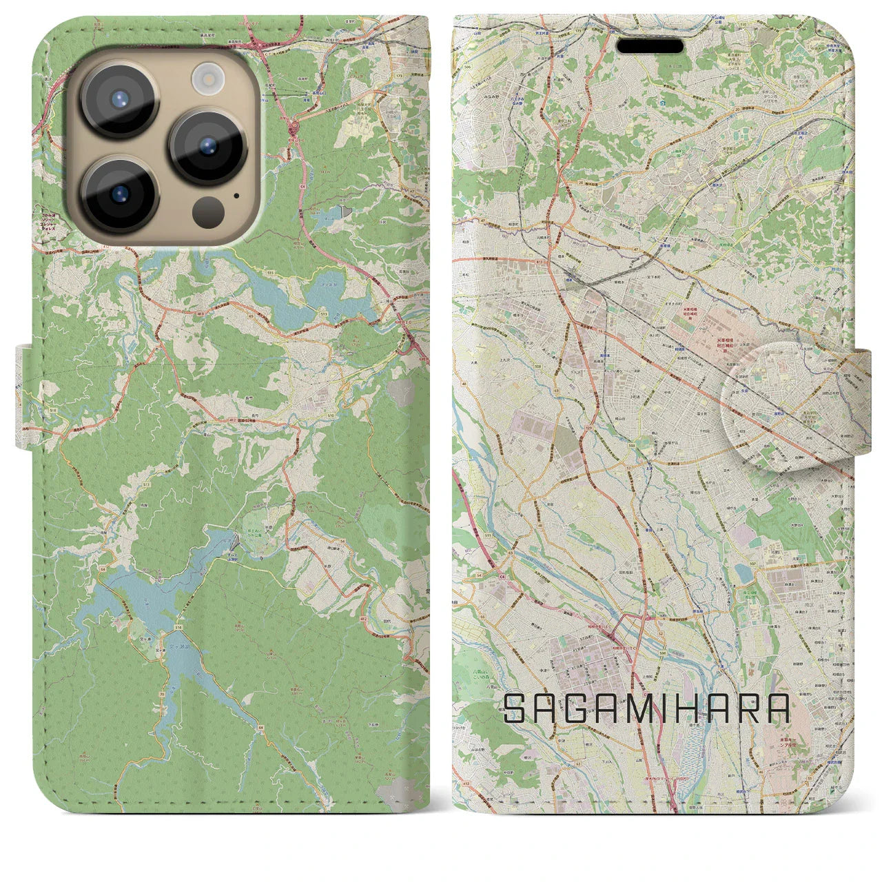 【相模原(神奈川県)】地図柄iPhoneケース(手帳タイプ)ナチュラル・iPhone 14 Pro Max 用