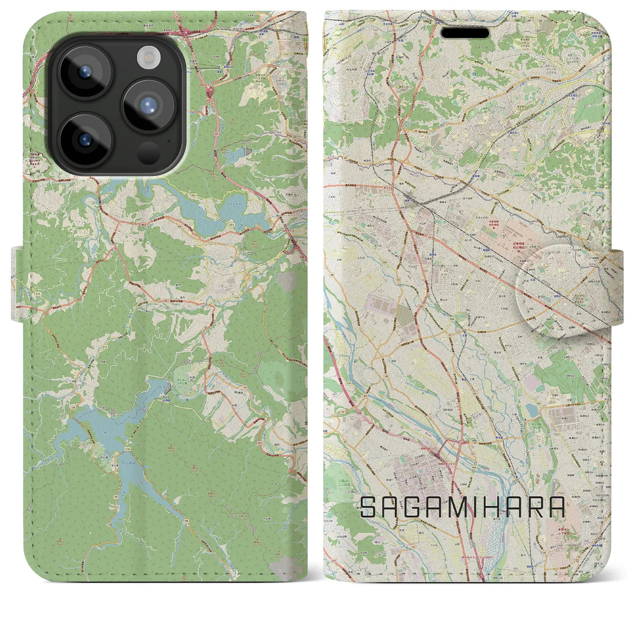 【相模原(神奈川県)】地図柄iPhoneケース(手帳タイプ)ナチュラル・iPhone 15 Pro Max 用