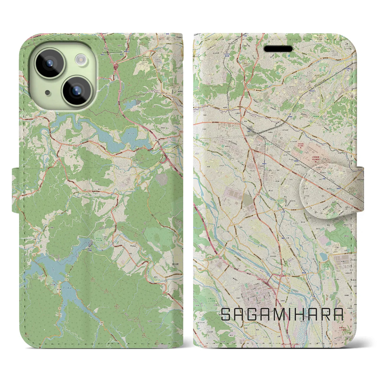 【相模原(神奈川県)】地図柄iPhoneケース(手帳タイプ)ナチュラル・iPhone 15 用