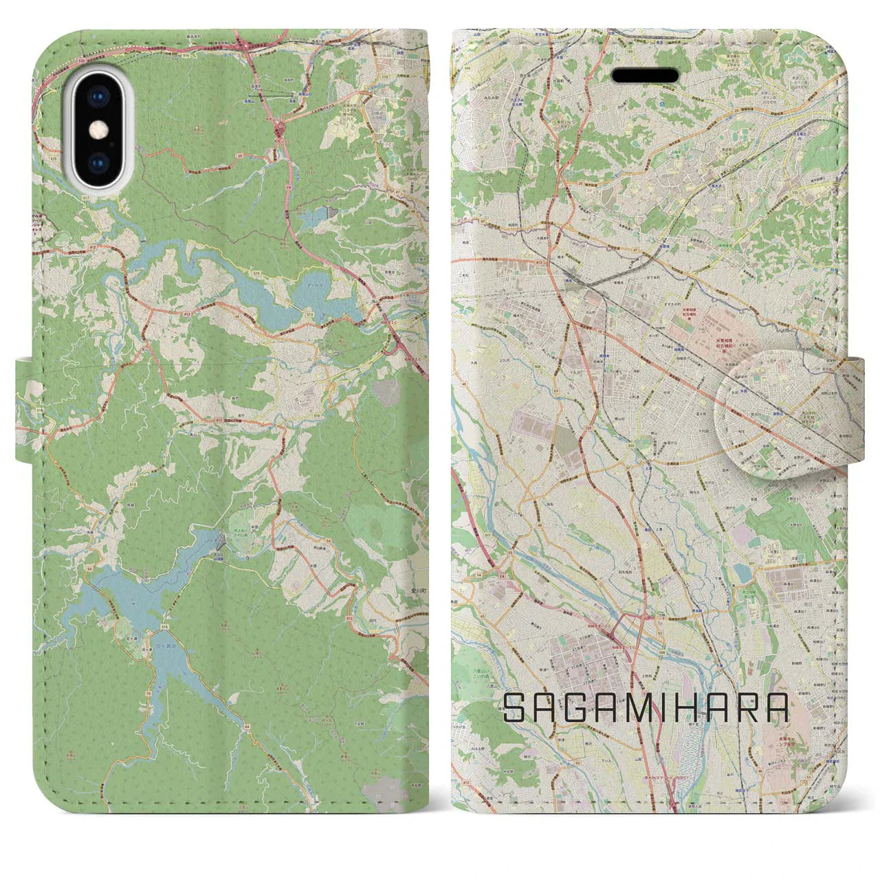 【相模原(神奈川県)】地図柄iPhoneケース(手帳タイプ)ナチュラル・iPhone XS Max 用