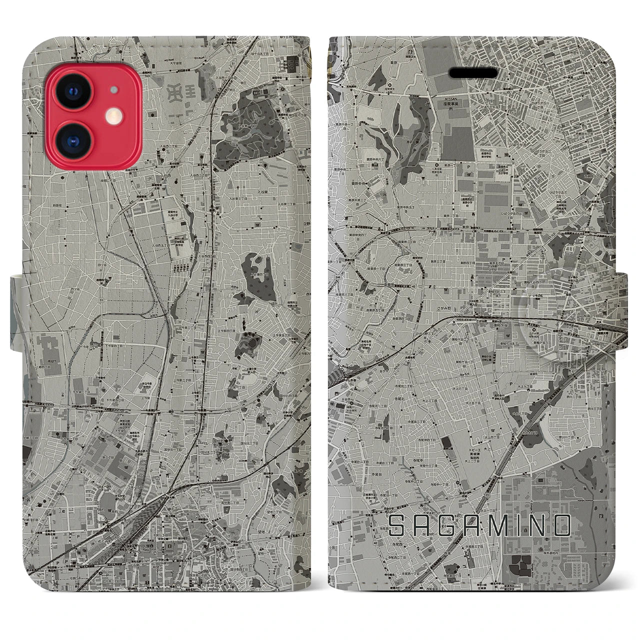 【さがみ野(神奈川県)】地図柄iPhoneケース(手帳タイプ)モノトーン・iPhone 11 用