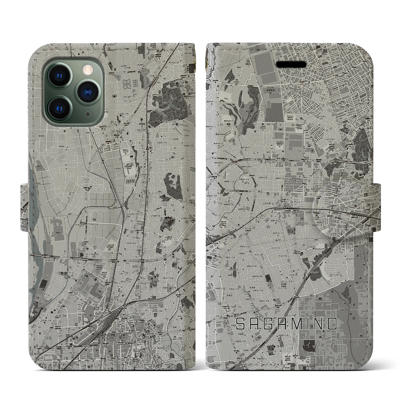 【さがみ野(神奈川県)】地図柄iPhoneケース(手帳タイプ)モノトーン・iPhone 11 Pro 用