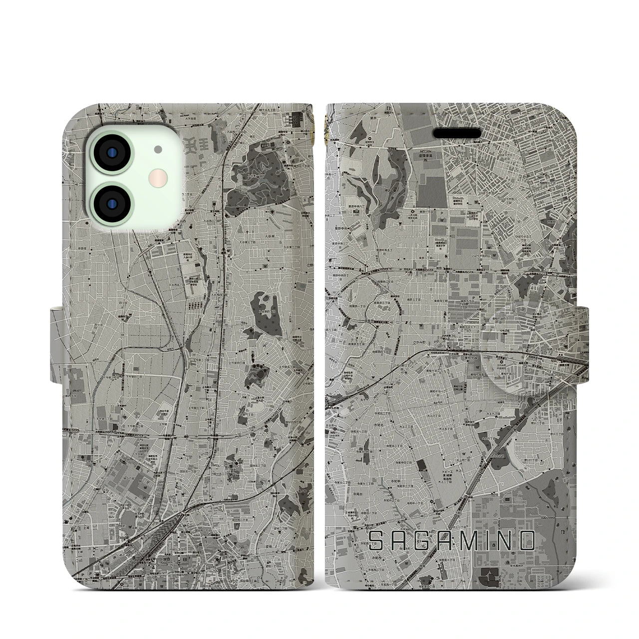 【さがみ野(神奈川県)】地図柄iPhoneケース(手帳タイプ)モノトーン・iPhone 12 mini 用