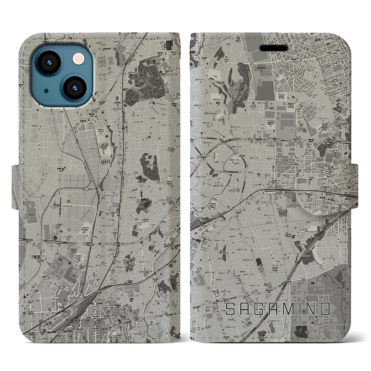 【さがみ野(神奈川県)】地図柄iPhoneケース(手帳タイプ)モノトーン・iPhone 13 用