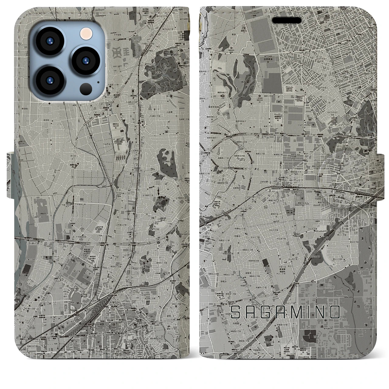 【さがみ野(神奈川県)】地図柄iPhoneケース(手帳タイプ)モノトーン・iPhone 13 Pro Max 用