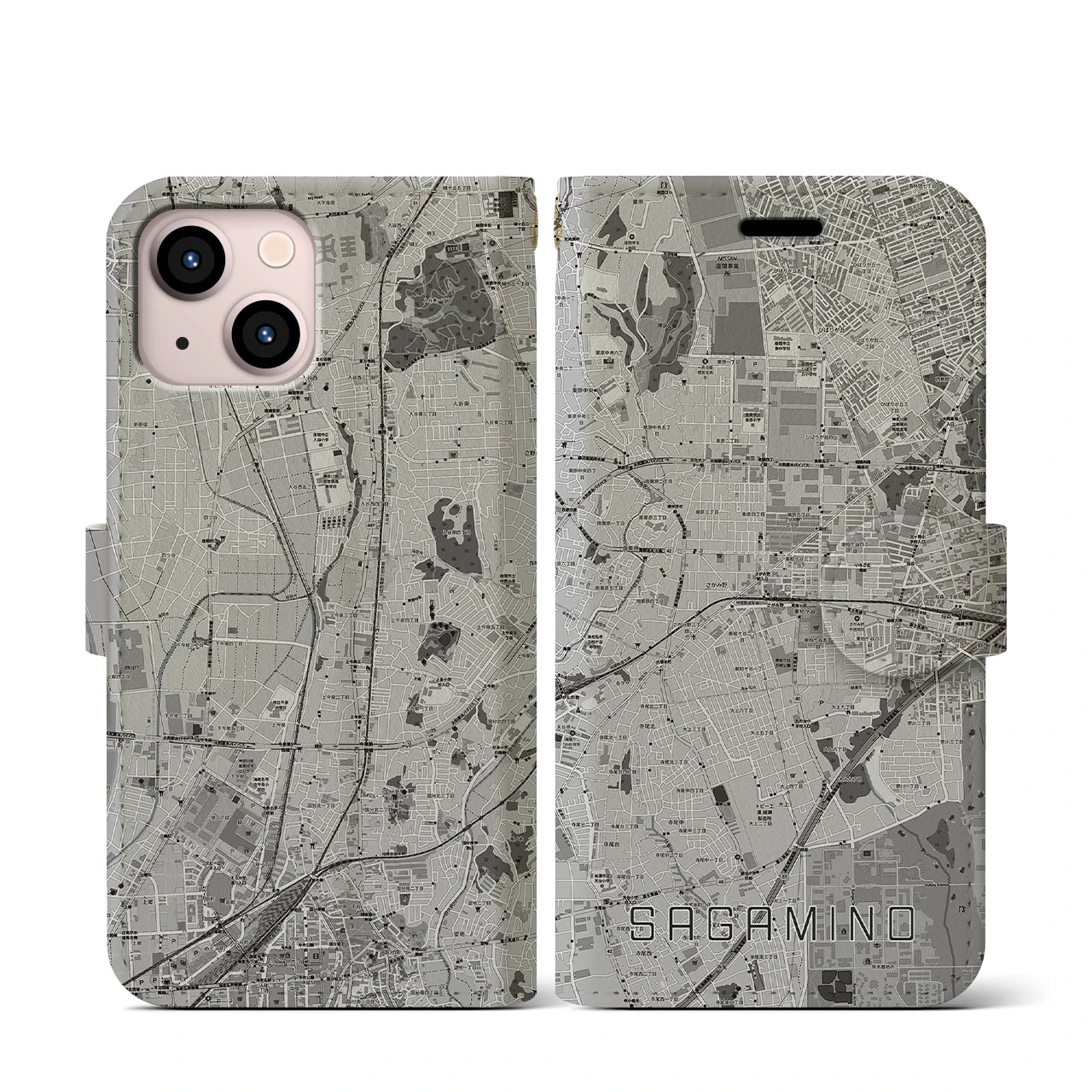 【さがみ野(神奈川県)】地図柄iPhoneケース(手帳タイプ)モノトーン・iPhone 13 mini 用