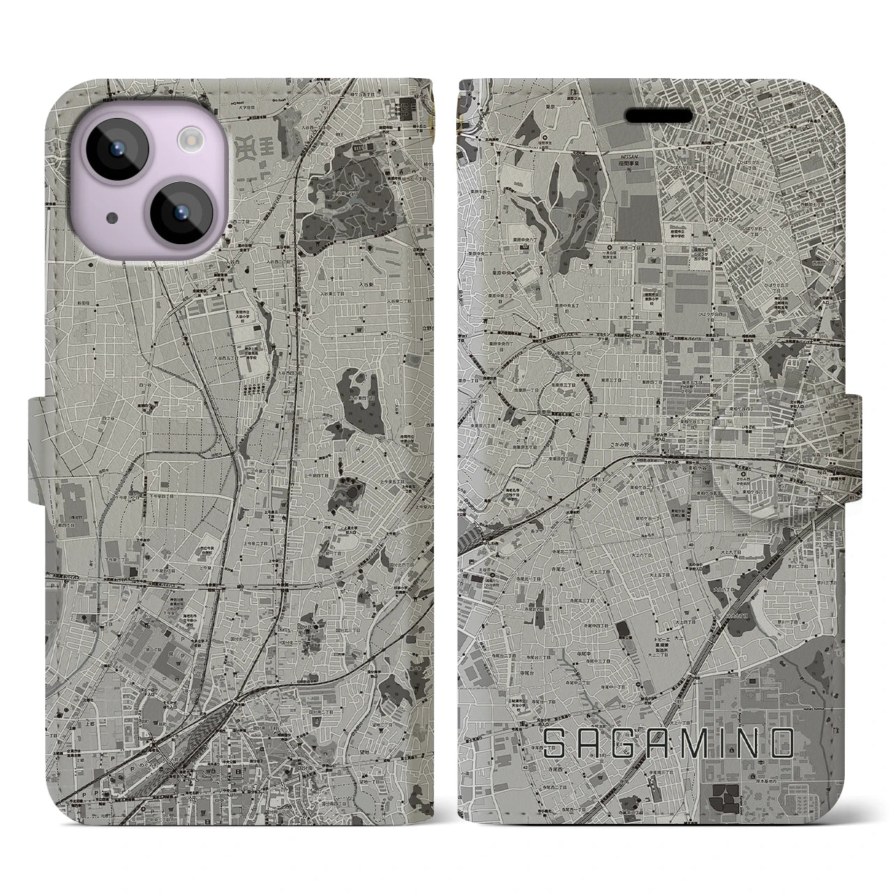 【さがみ野(神奈川県)】地図柄iPhoneケース(手帳タイプ)モノトーン・iPhone 14 用