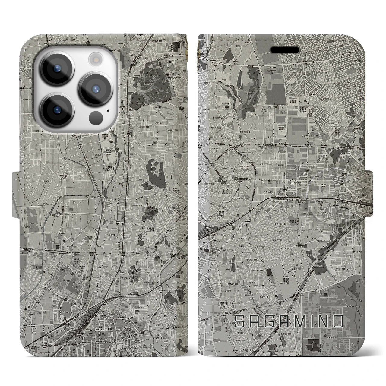 【さがみ野(神奈川県)】地図柄iPhoneケース(手帳タイプ)モノトーン・iPhone 14 Pro 用