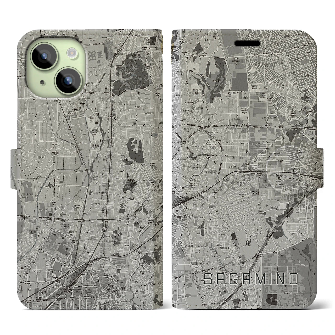 【さがみ野(神奈川県)】地図柄iPhoneケース(手帳タイプ)モノトーン・iPhone 15 用