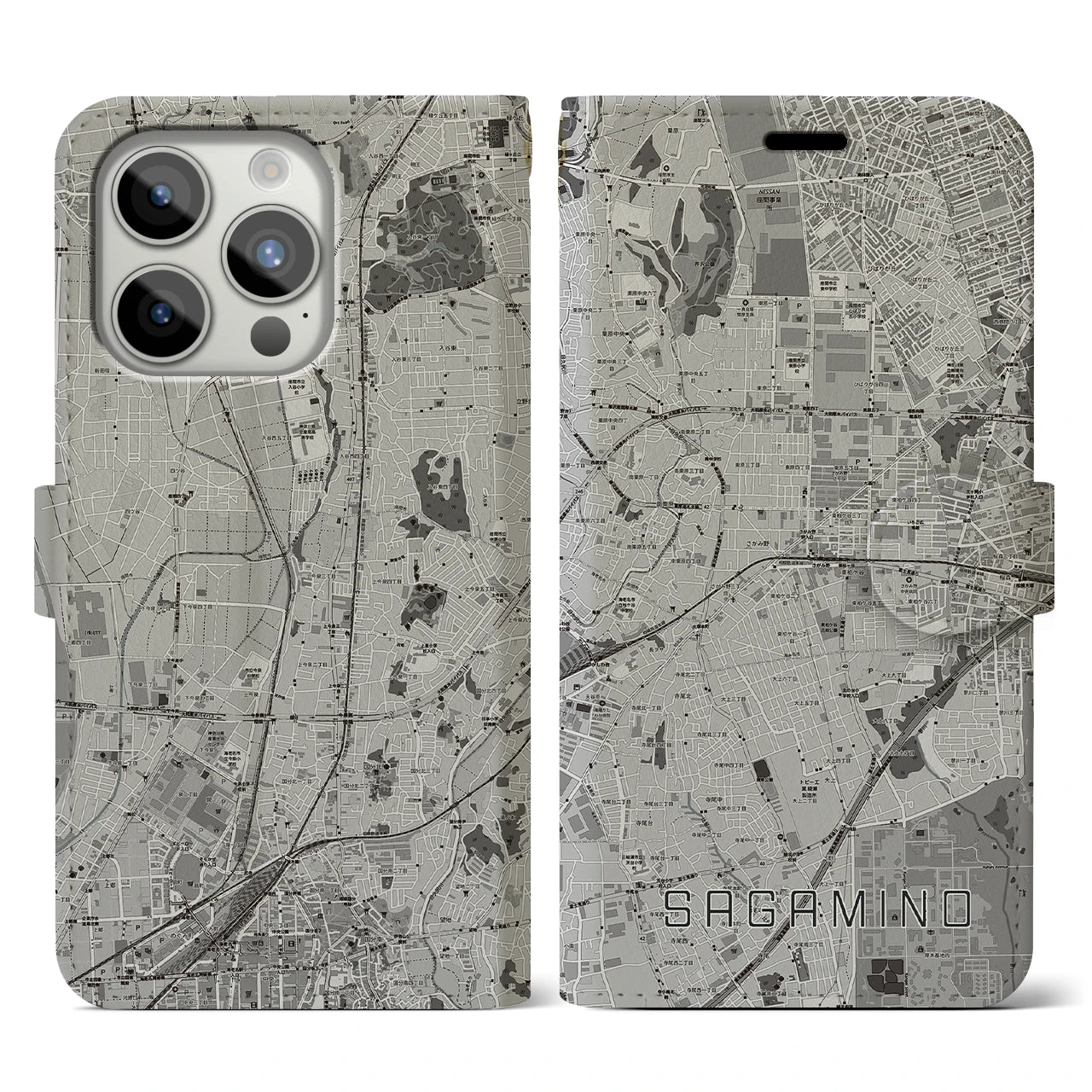 【さがみ野(神奈川県)】地図柄iPhoneケース(手帳タイプ)モノトーン・iPhone 15 Pro 用