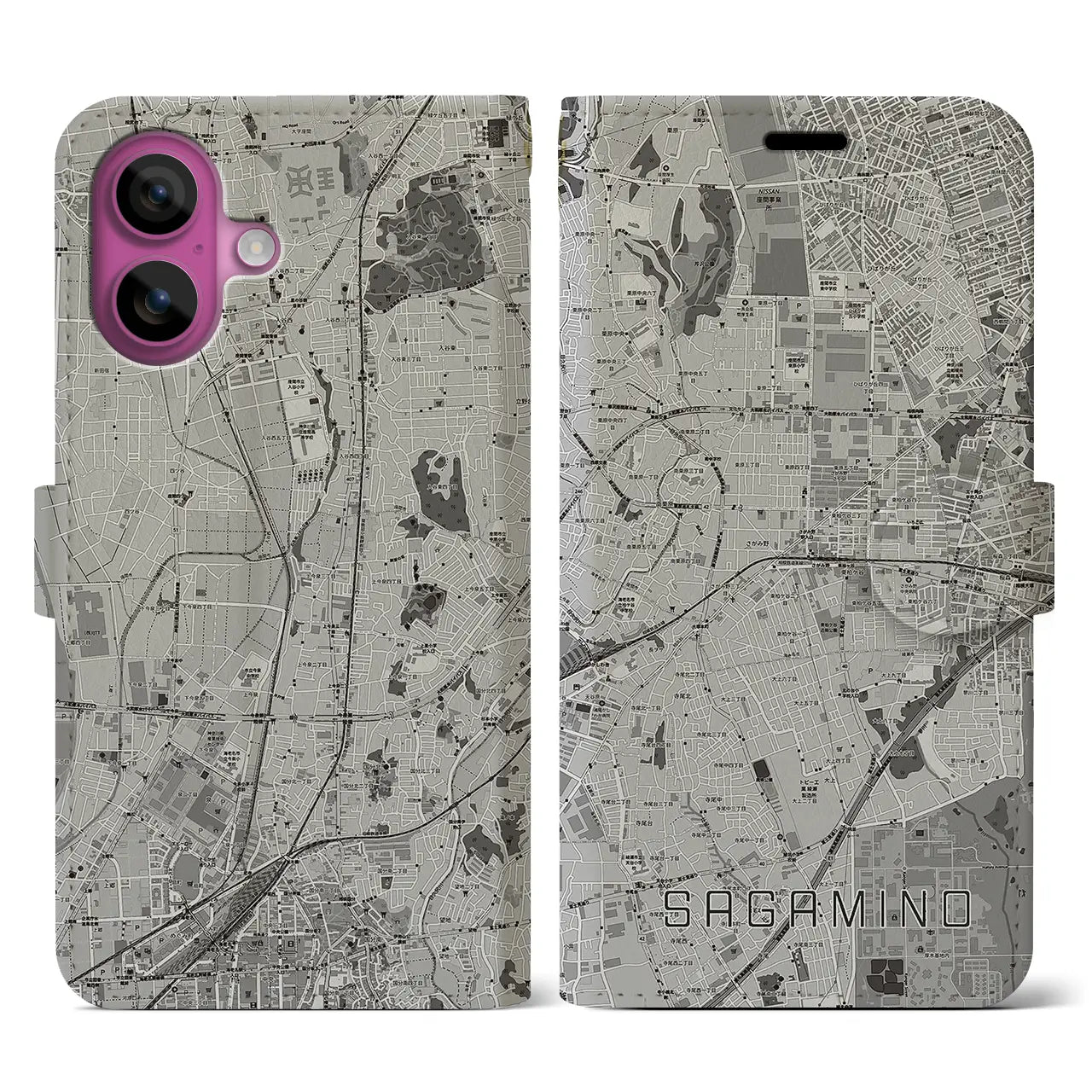 【さがみ野(神奈川県)】地図柄iPhoneケース(手帳タイプ)モノトーン・iPhone 16 Pro 用