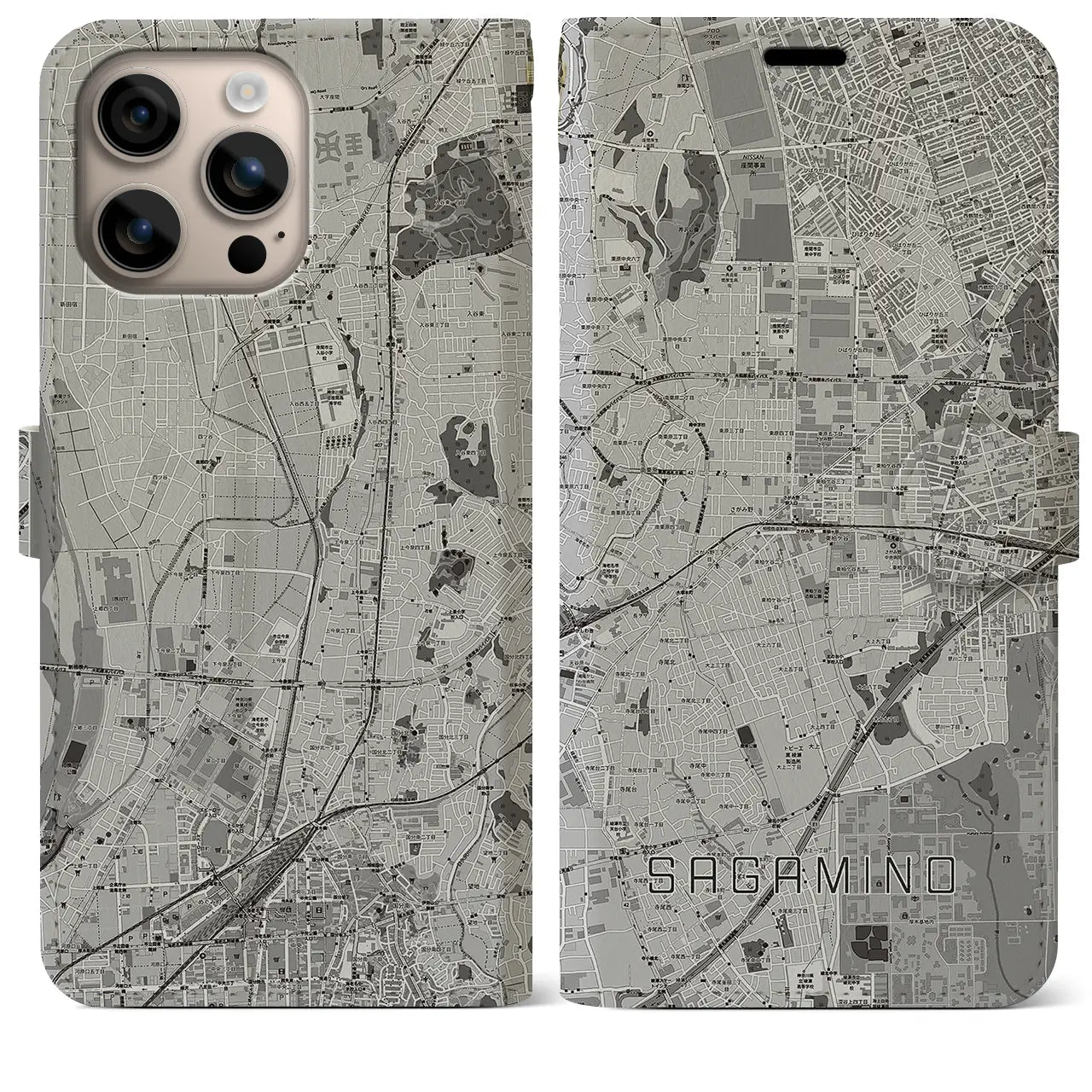 【さがみ野(神奈川県)】地図柄iPhoneケース(手帳タイプ)モノトーン・iPhone 16 Plus 用