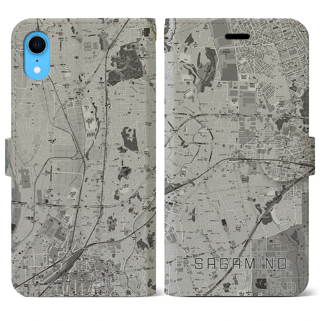 【さがみ野(神奈川県)】地図柄iPhoneケース(手帳タイプ)モノトーン・iPhone XR 用