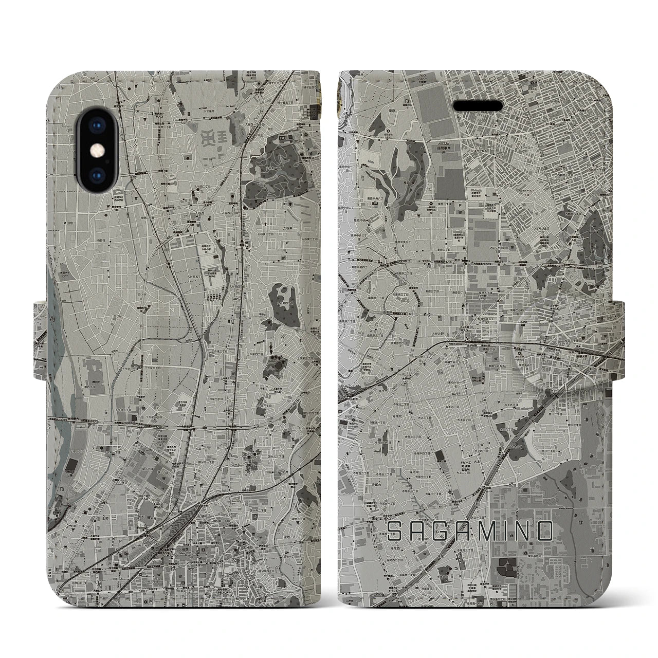【さがみ野(神奈川県)】地図柄iPhoneケース(手帳タイプ)モノトーン・iPhone XS / X 用