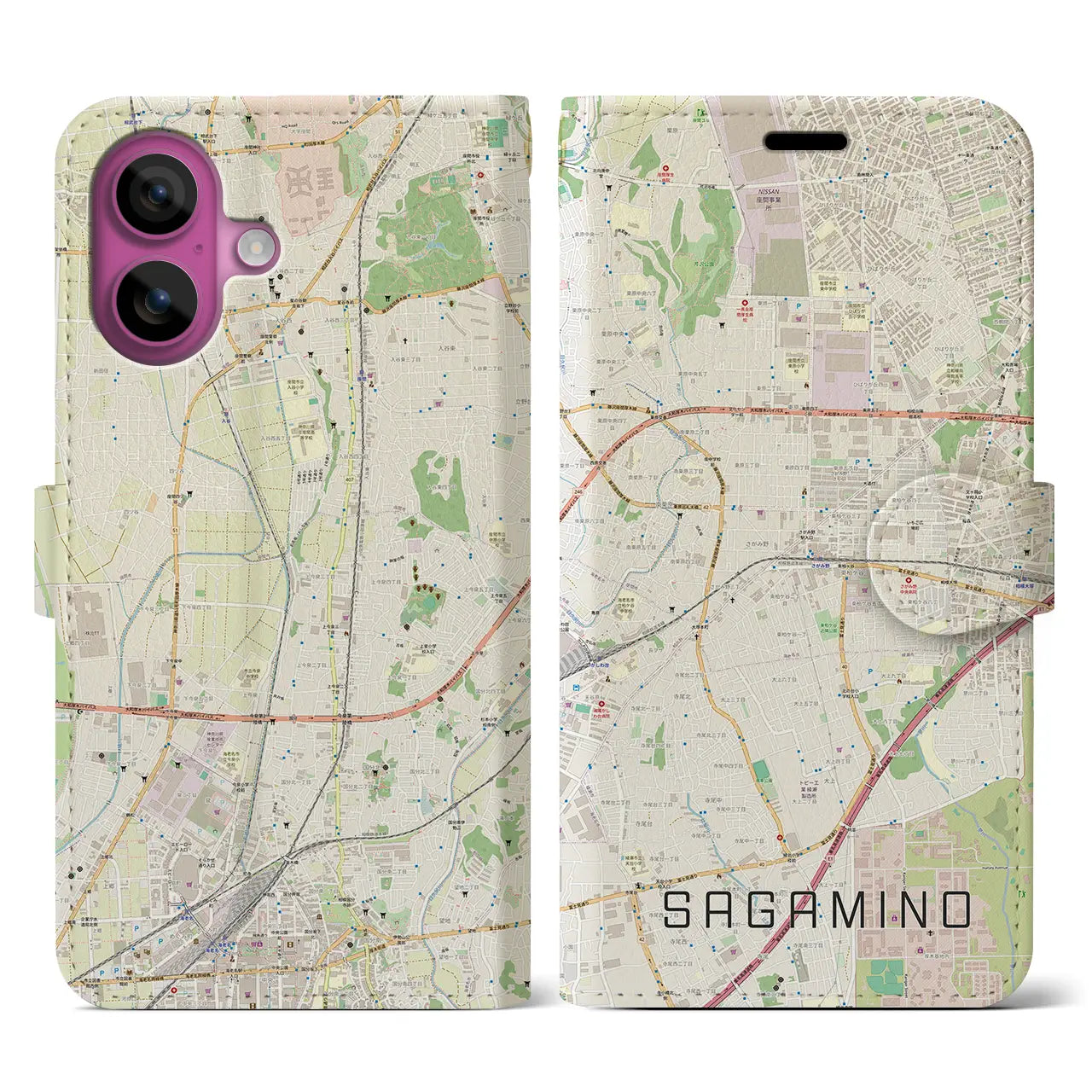 【さがみ野(神奈川県)】地図柄iPhoneケース(手帳タイプ)ナチュラル・iPhone 16 Pro 用