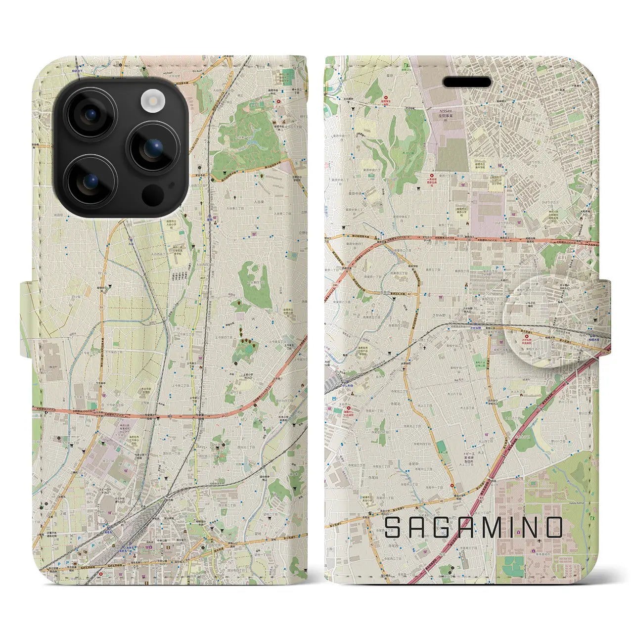 【さがみ野(神奈川県)】地図柄iPhoneケース(手帳タイプ)ナチュラル・iPhone 16 用