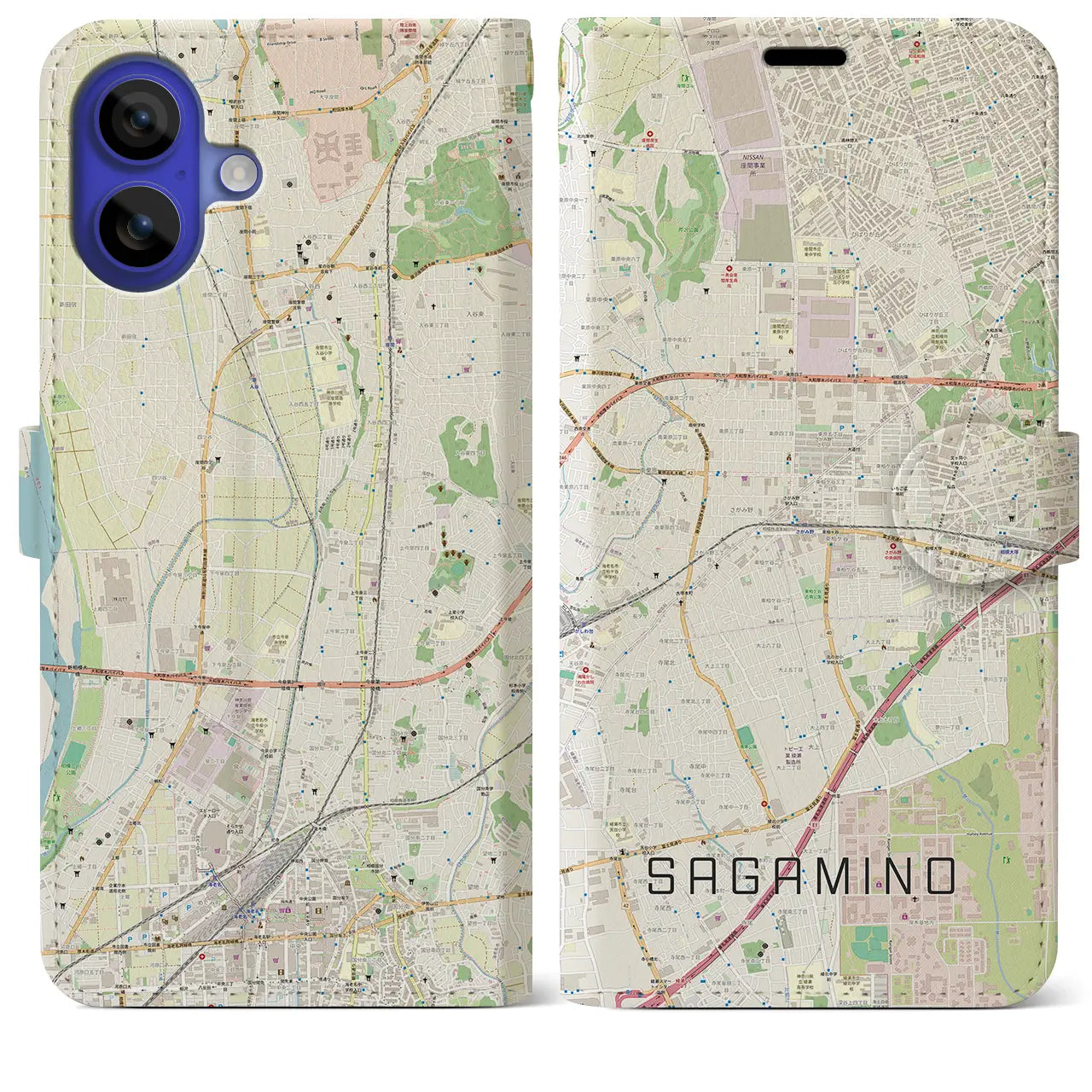 【さがみ野(神奈川県)】地図柄iPhoneケース(手帳タイプ)ナチュラル・iPhone 16 Pro Max 用