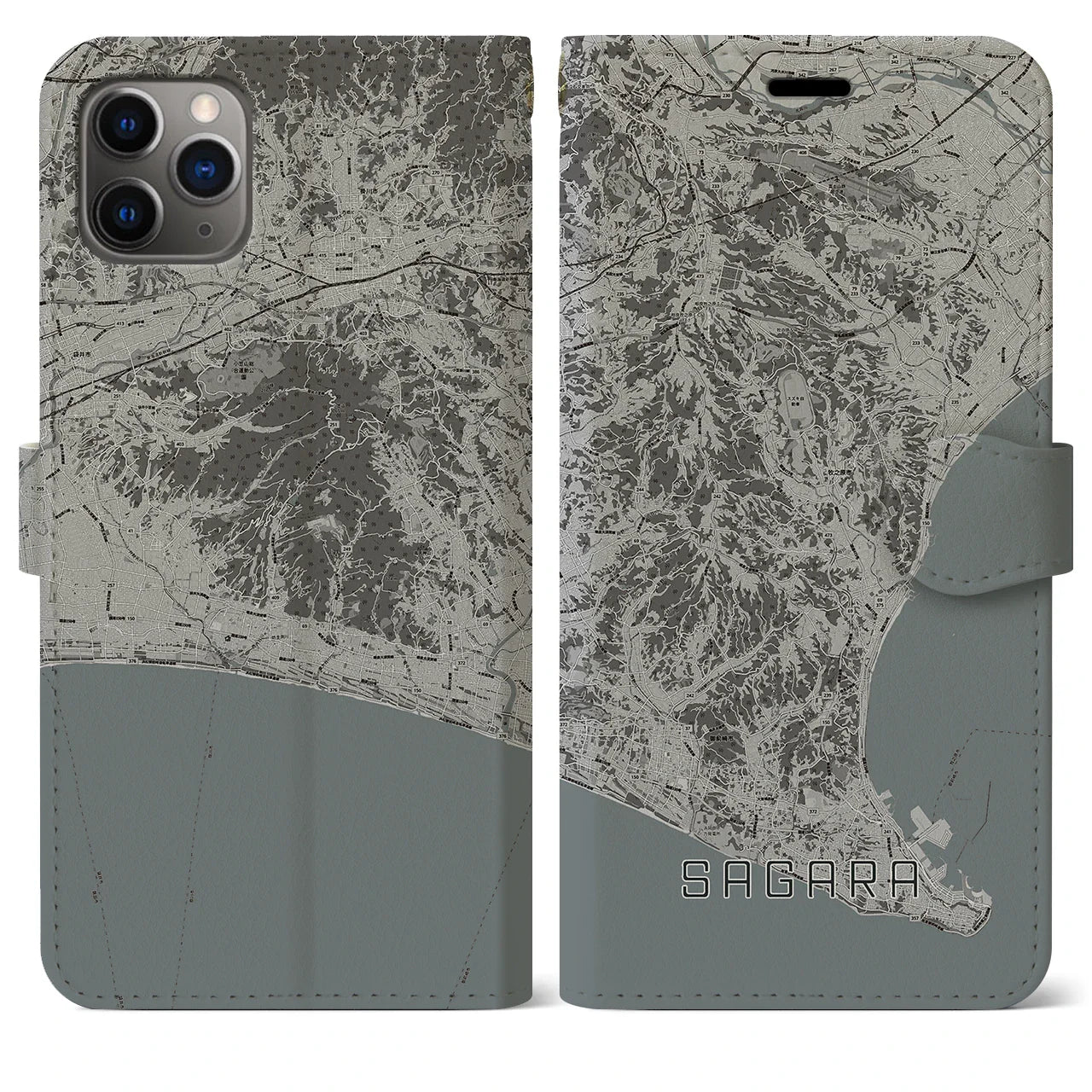 【相良(静岡県)】地図柄iPhoneケース(手帳タイプ)モノトーン・iPhone 11 Pro Max 用
