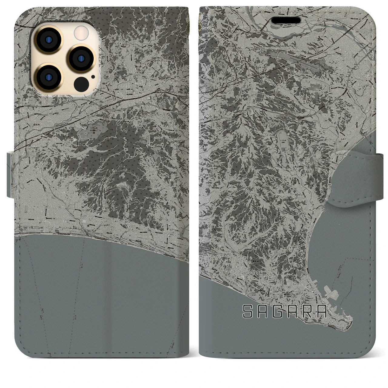 【相良(静岡県)】地図柄iPhoneケース(手帳タイプ)モノトーン・iPhone 12 Pro Max 用